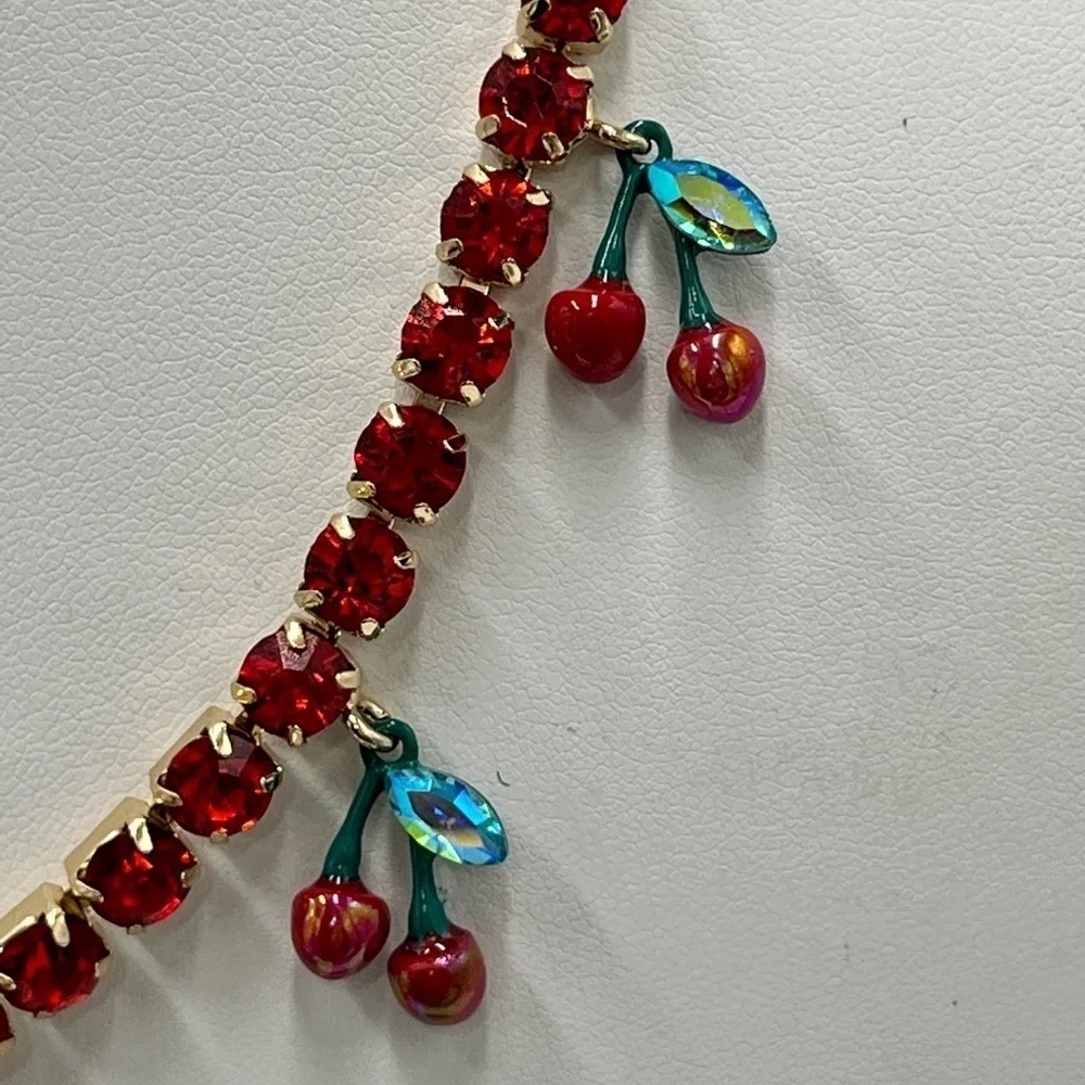 Betsey Johnson Gold Tone & Red Crystal‎ Tennis Necklace With Cherry Charms New